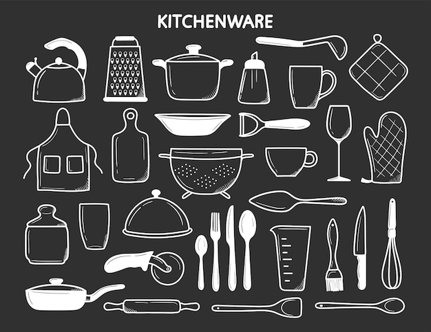 A set of insulators for baking Cute hand drawn kitchen tools vector illustration in white outline