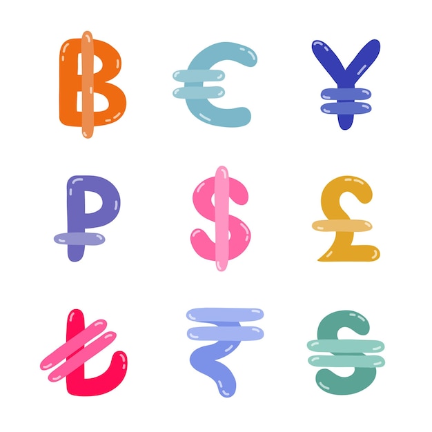 Set of international currency symbols Cute hand drawn vector illustration with money signs Coins of different countries dollar sigh euro yuan pesos Colorful vector clipart set in naive style