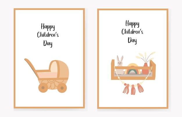 Set of invitation cards for children with a shelf with toys and decor and a stroller happy