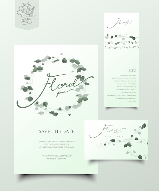 Set of invitation cards with the green leaves.