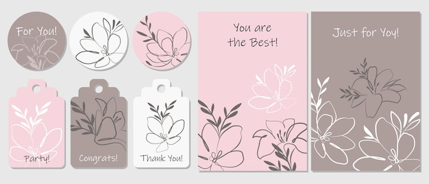 Set of invitation, sticker or greeting card template with outline flowers. Anniversary, birthday