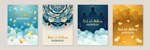 Set of invitations card for Eid Al Adha Mubarak with mandala geometric pattern arch lights cloud