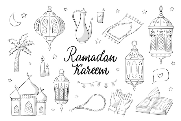 Set of islamic doodles ramadan clip art for prints stickers coloring pages signs sublimation