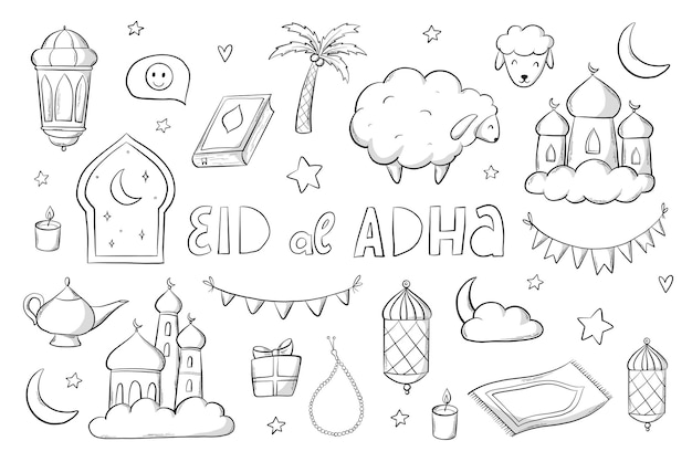 set of islamic holiday doodles Eid al Adha Monochrome set of cartoon elements on white background