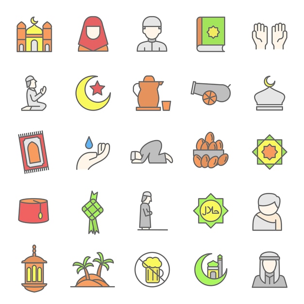 set of islamic worship and arabic culture icon 