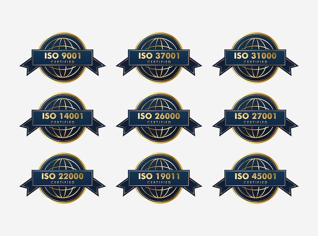 Set of ISO Certification stamp and labels quality management system ISO 9001 ISO 22000 ISO 14001