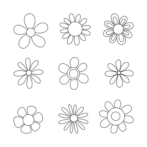 Vector a set of isolated abstract chamomile flowers linear graphic black and white drawn outline