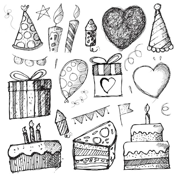 Vector set of isolated birthday party hand drawn doodles on white background