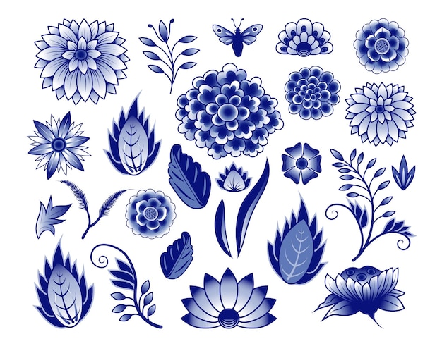 Set of isolated blue and white Chinese style floral elements .Vector clipart