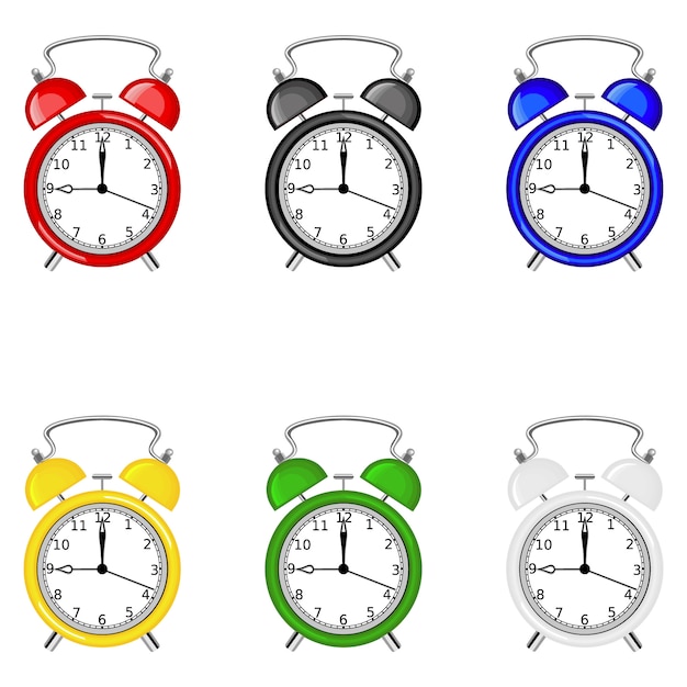 Set of isolated colorful alarm clocks. Flat illustration