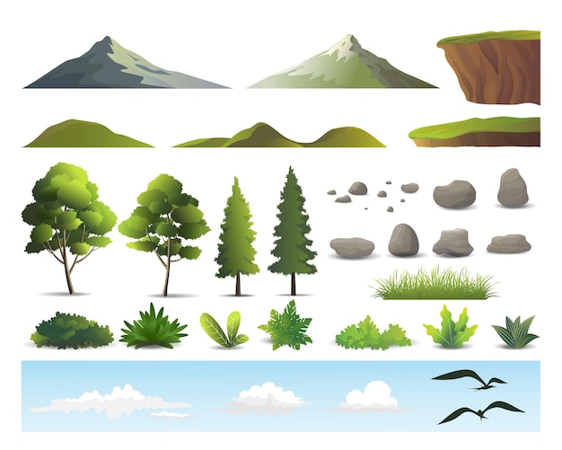 Set of isolated different nature landscape elements, nature scenery kit builder vector illustration.