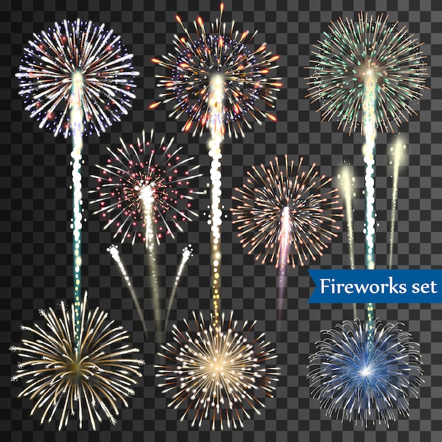 Set of isolated fireworks on transparent background