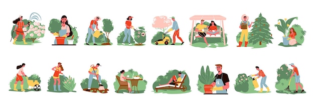 Set of isolated gardening icons with images of trees and bushes with human characters and instruments vector illustration