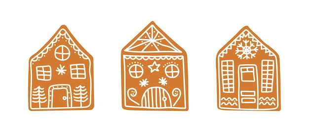 Set of isolated hand drawn gingerbread houses Traditional Christmas cookies