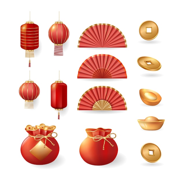 A set of isolated icons of symbols of the chinese new year holiday vector lamplantern tassel decorat