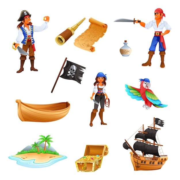 Set of isolated images of pirate boats parrots treasure robbers and other pirate gizmos cartoon vector illustration