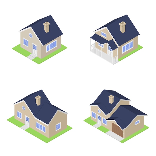 Set of isolated isometric houses on white background