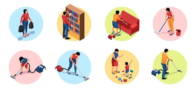 Set of isolated isometric people cleaning home round compositions with family member characters in colorful circles vector illustration