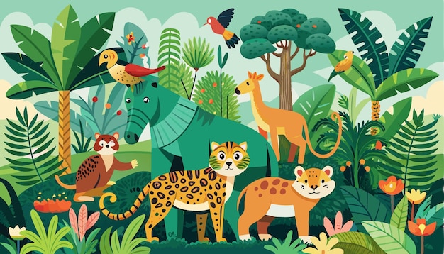 Set of isolated jungle animals and tropical plants vector illustration