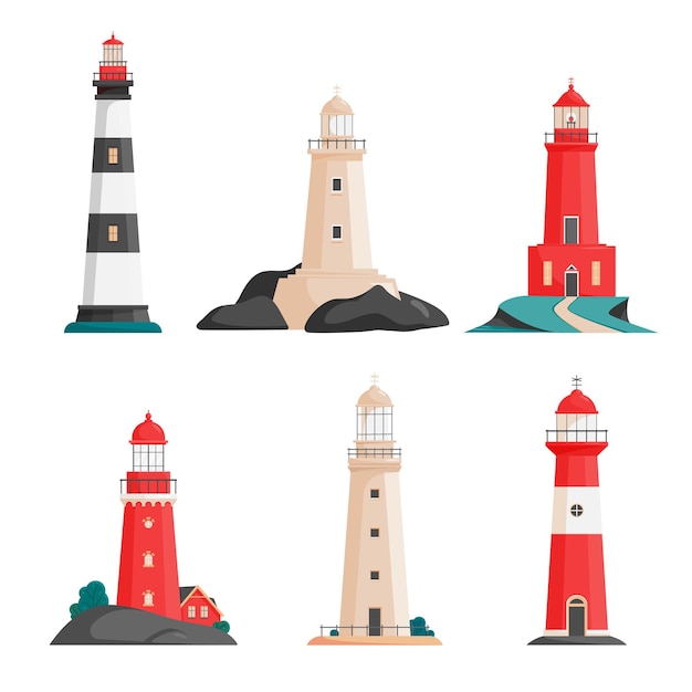 Set of isolated lighthouses on islands in flat style