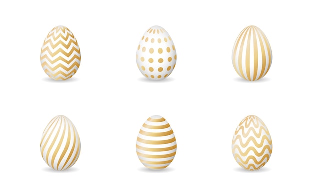 Set of isolated modern easter eggs with geometric golden ornaments on white.