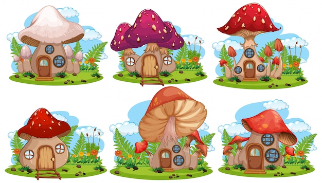 Vector set of isolated mushroom fairy house