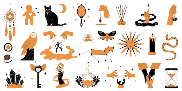 Set of isolated mystic boho color icons with totem animals marionettes and hands holding occult symbols vector illustration