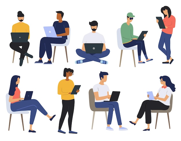 Vector set of isolated people with laptops diverse men and women at work online business communication