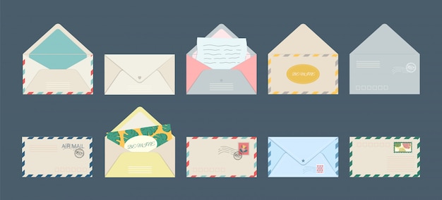 Set of isolated postcard envelope postcards and holiday invitation letters with postage stamps.