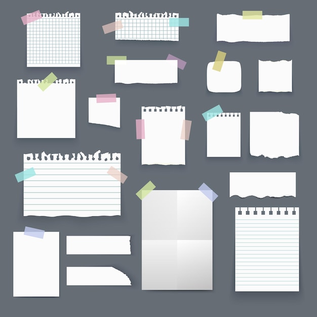 Set of isolated realistic empty vector paper poster mockup pieces of paper with ripped edges