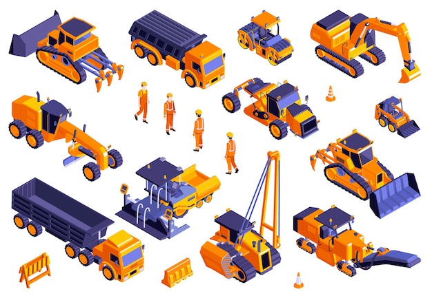 Set of isolated road construction s and isometric images of machinery trucks and bulldozers with workers