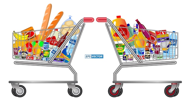 Vector set of isolated shopping trolley full of food fruit products and grocery goods