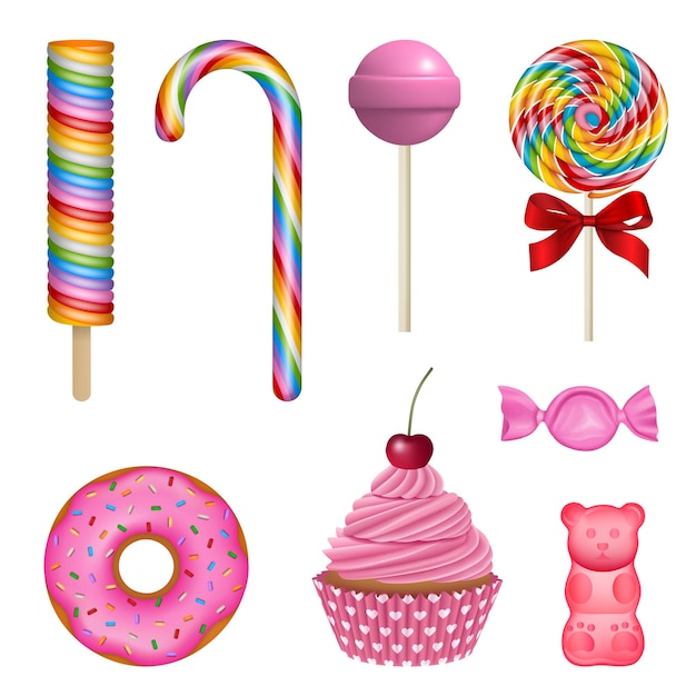 set of isolated sweets collection of colorful candies and cakes