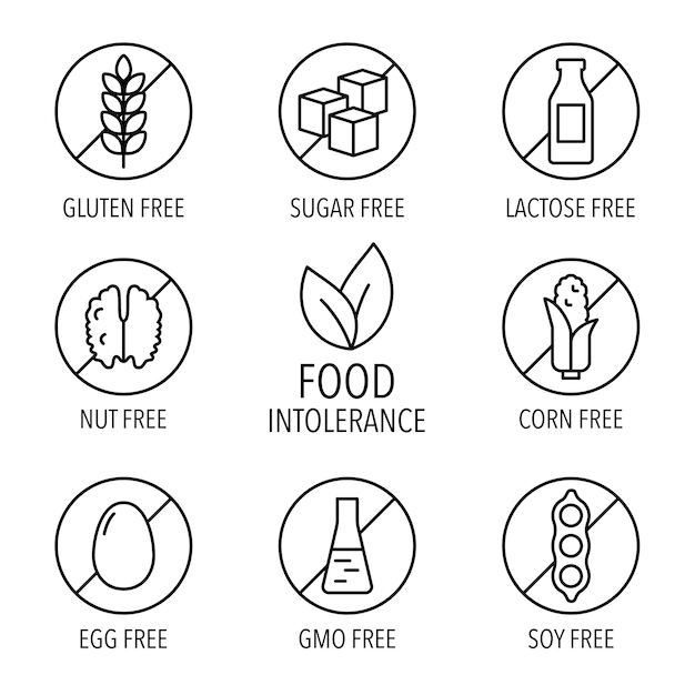 Set of isolated vector label icons for packaging design of food intolerance and diet food No wheat Gluten sugar free lactose intolerant