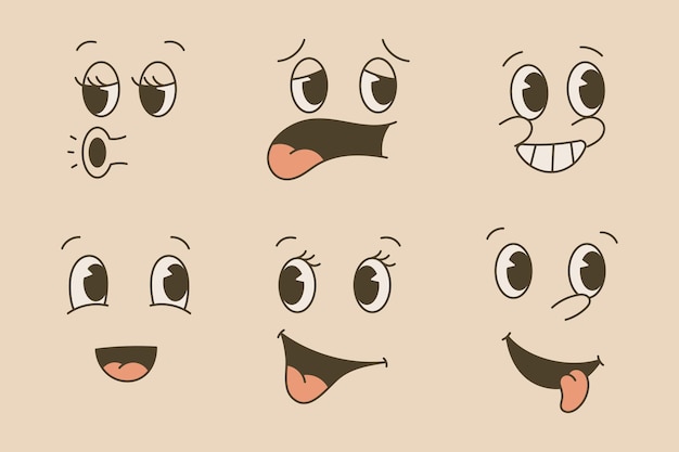 Vector set of isolated vector stickers facial expression groovy emotions old cartoon style