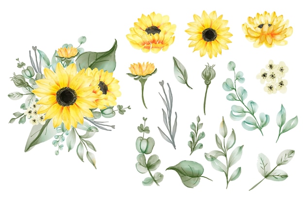 Set of isolated watercolor yellow sunflowers and leaves