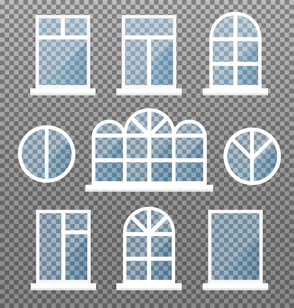 Set of isolated windows. Front store window frame with blue glasses. Exterior building facade element on transparent background.  illustration.