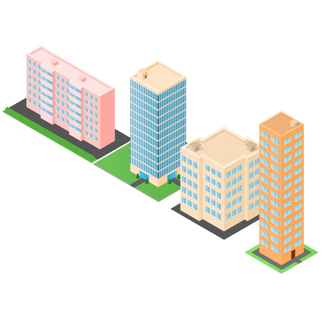 Set of isometric buildings. Houses and high-rise offices. The modern architecture. Townhouses. Vector illustration.