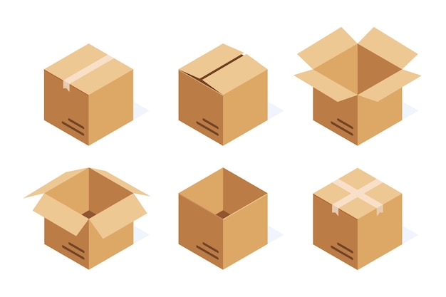 Set of isometric cardboard boxes isolated on white.