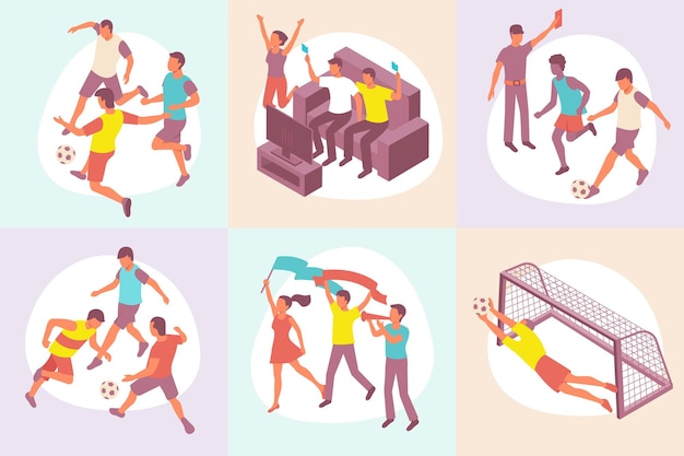 Set of isometric compositions on theme of football and fans with flags and on the couch illustration