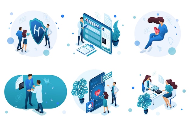 Set of isometric concepts for advertising and creating landing pages on the theme of medicine Doctor advises the patient medical worker during the work