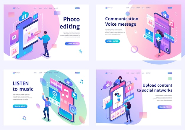 Set of isometric conceptsupload content photo editing listen to music voice message For Landing page concepts and web design