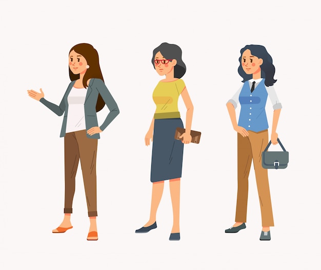 Set of isometric  illustration of young women in casual office clothes