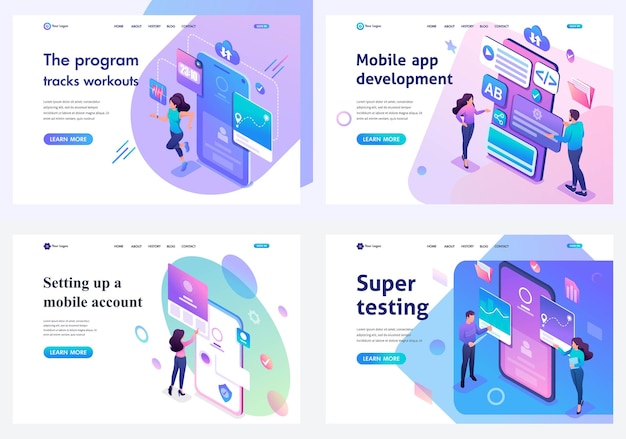 Set isometric landing pages concept mobile application testing mobile application development and setting up For website and mobile apps development