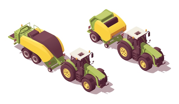 Vector set of isometric low poly tractors with balers vector illustrator