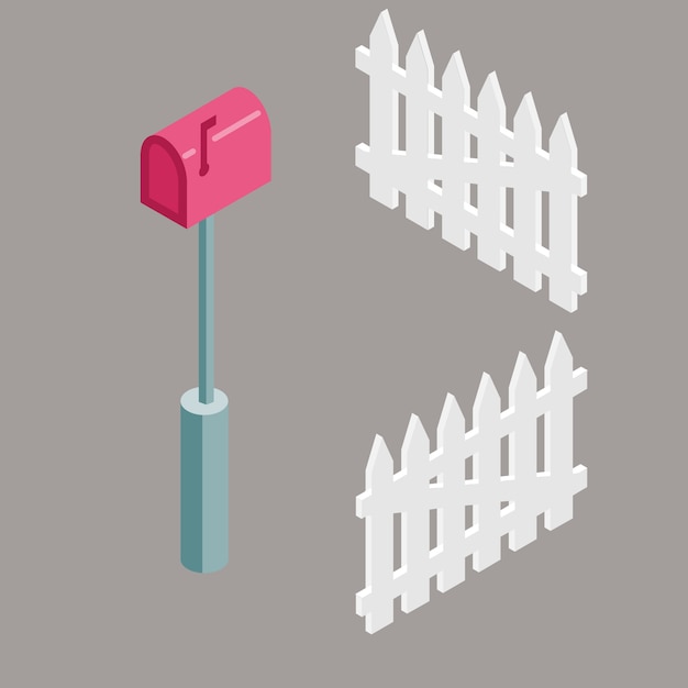 Set of isometric red mail box and fences for suburban house illustration.