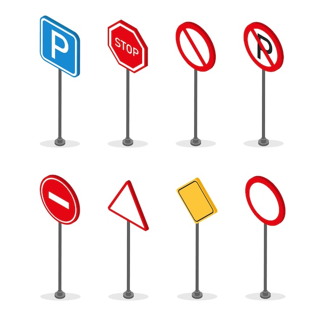 Set of isometric standing road signs isolated on white background. Traffic signboard.