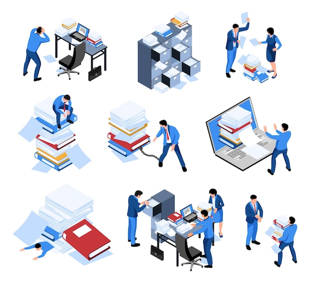 Set of isometric unorganized office work icons with isolated images of embarrassed workers with paper mess vector illustration