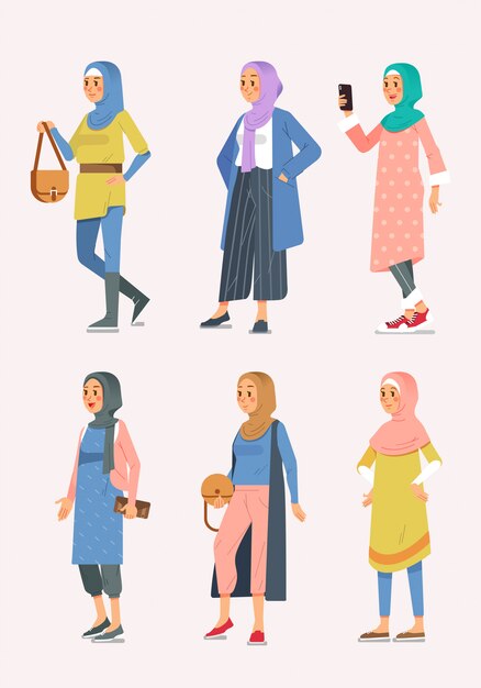 Vector set of isometric woman hijab fashion with various style, muslim women illustration