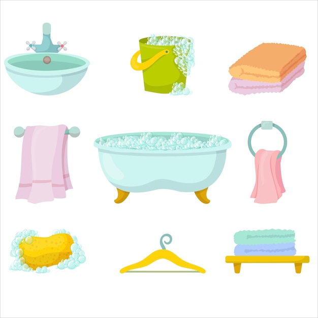 A set of items for the bathroom Bath towel cosmetics for skin care and personal hygiene Detergents Vector illustration on a white background